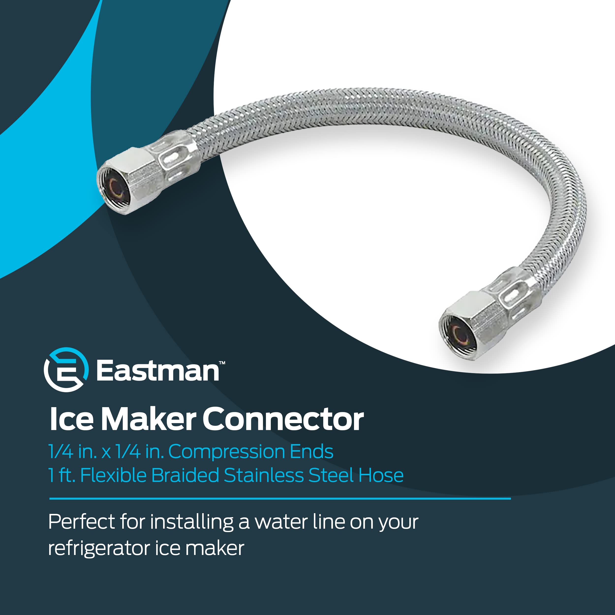 1', 5', 6', 8', 10', 20' & 25' Flexible SS Ice Maker Connector, 1/4" Compression, Braided Stainless Steel with Nickel-Plated Brass Nuts