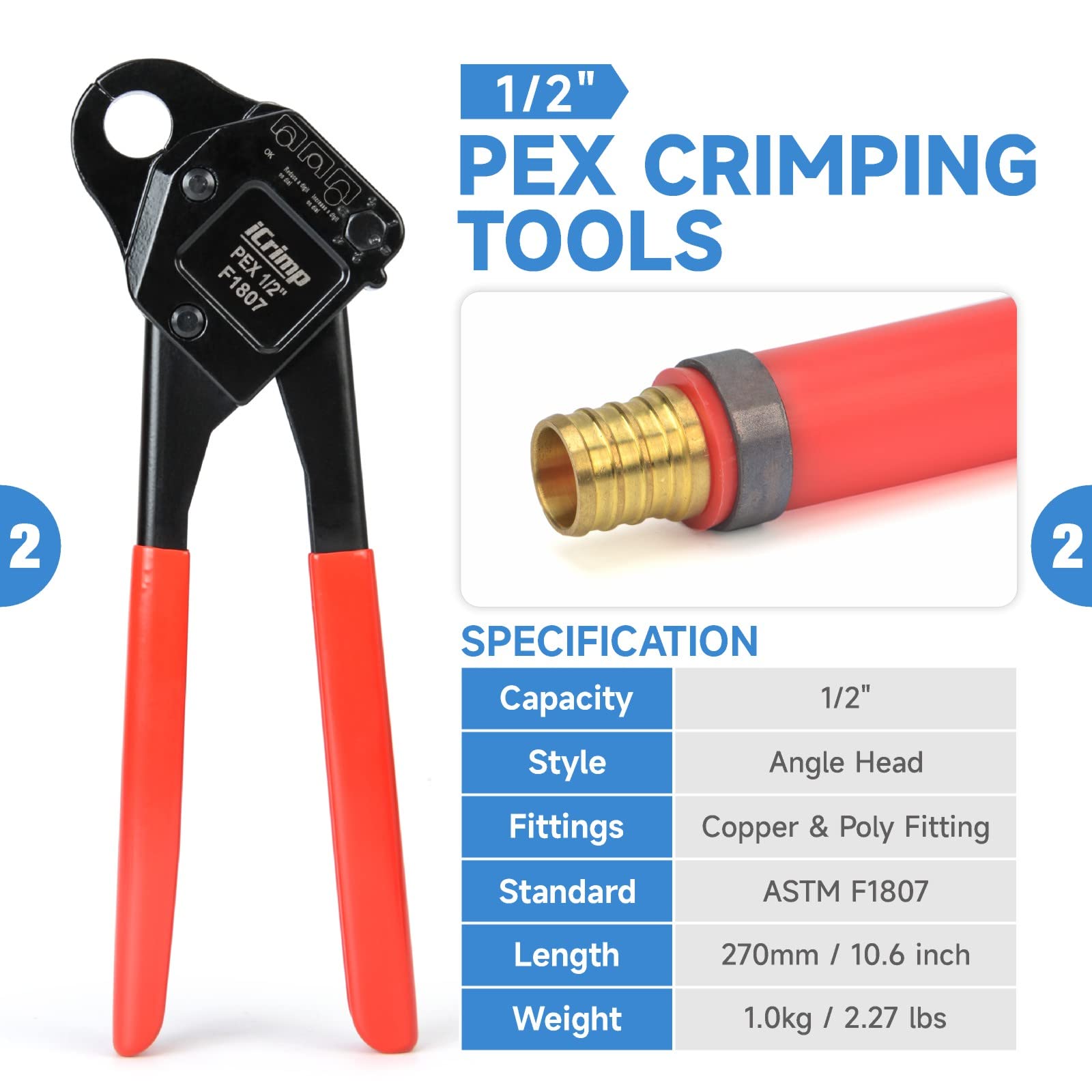 1/2", 3/4", & 1" Pex Angle Head Crimping Tools w/ Pex Cutters, Includes Hard Case, F1807