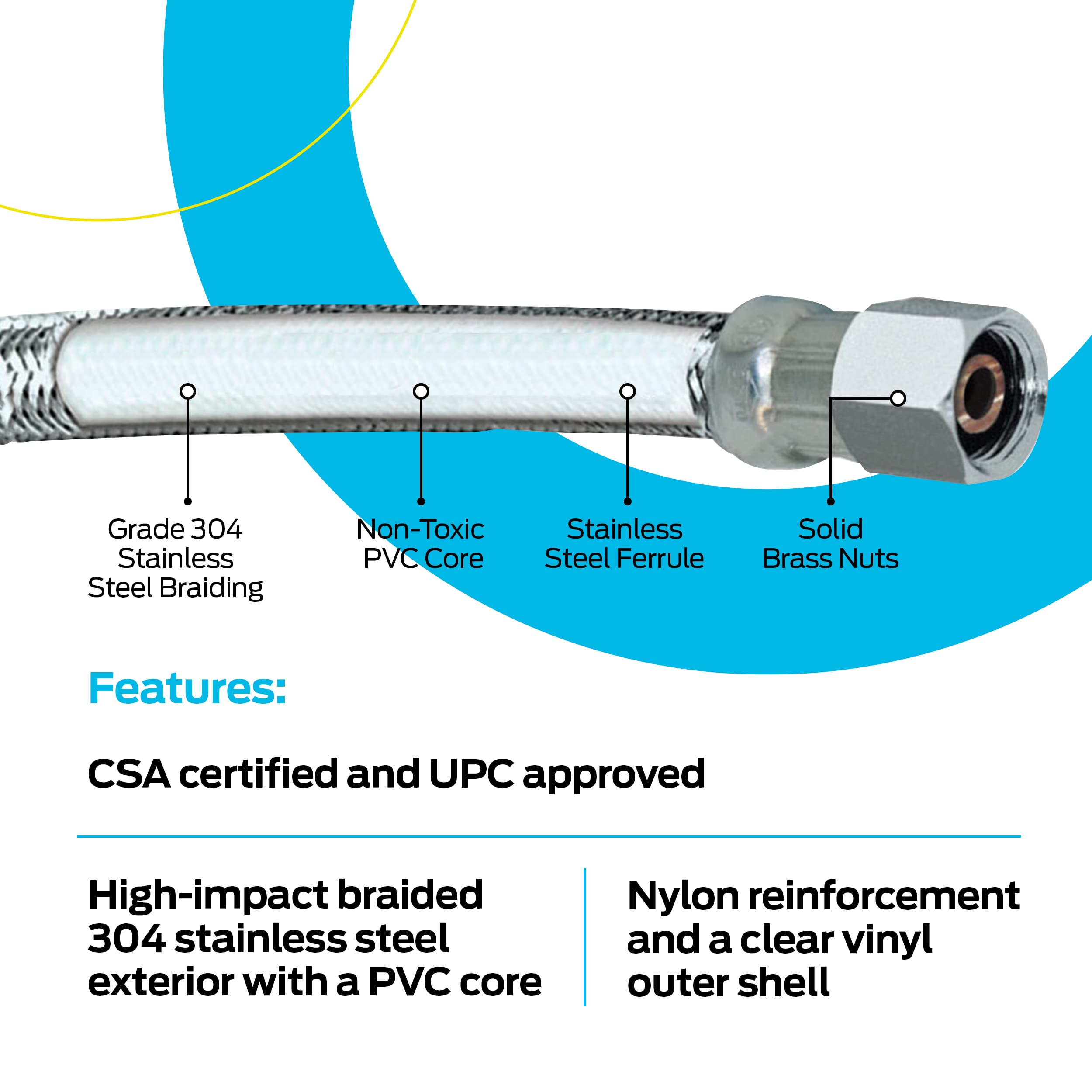 1', 5', 6', 8', 10', 20' & 25' Flexible SS Ice Maker Connector, 1/4" Compression, Braided Stainless Steel with Nickel-Plated Brass Nuts