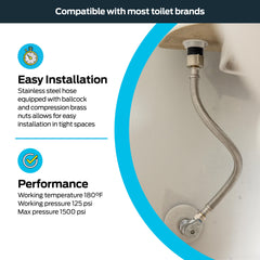 9", 12", 16" & 20" Flexible SS Toilet Connector, 7/8" FIP x 3/8" Comp, Stainless Steel Braided Hose