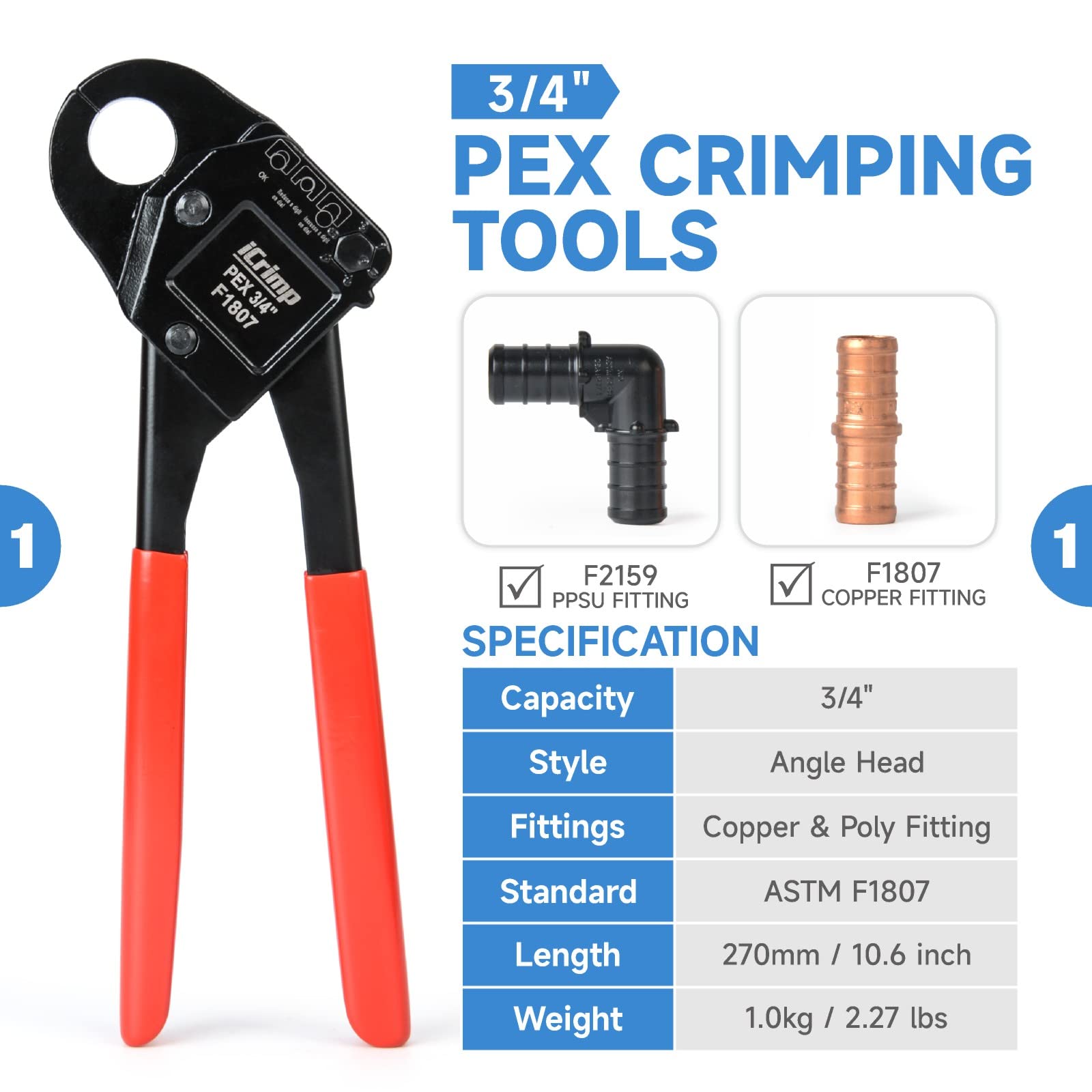 1/2", 3/4", & 1" Pex Angle Head Crimping Tools w/ Pex Cutters, Includes Hard Case, F1807