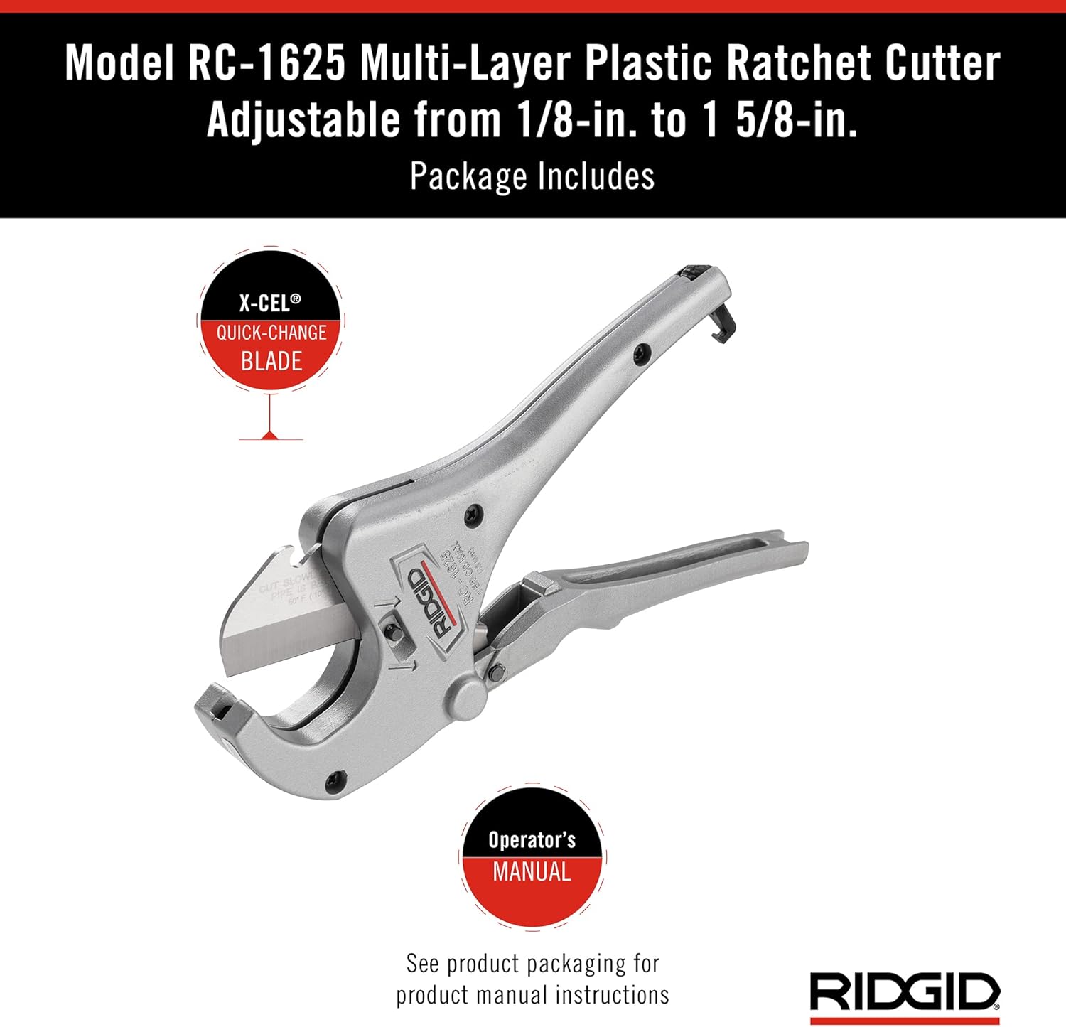 RIGID 23498 1/8" to 1-5/8" Ratchet Action Plastic Pipe & Tubing Cutter, RC-1625