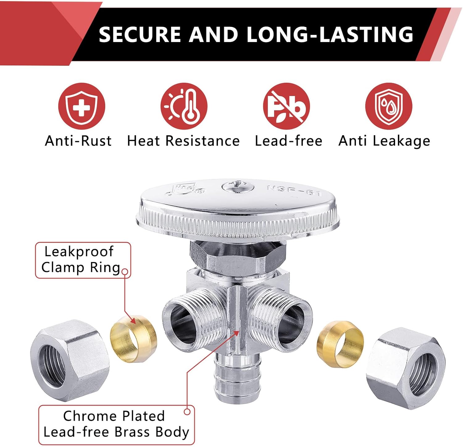 3/8"Comp x 3/8"Comp x 1/2" Crimp Pex B, Quarter Turn, Dual Outlet 3-Way Stop Valve, Chrome Plated