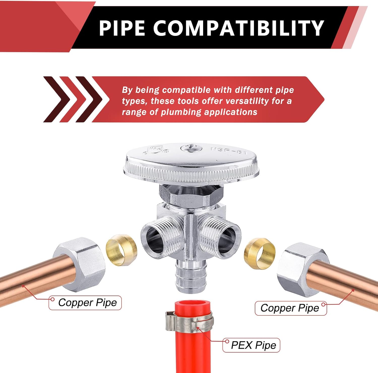 3/8"Comp x 3/8"Comp x 1/2" Crimp Pex B, Quarter Turn, Dual Outlet 3-Way Stop Valve, Chrome Plated