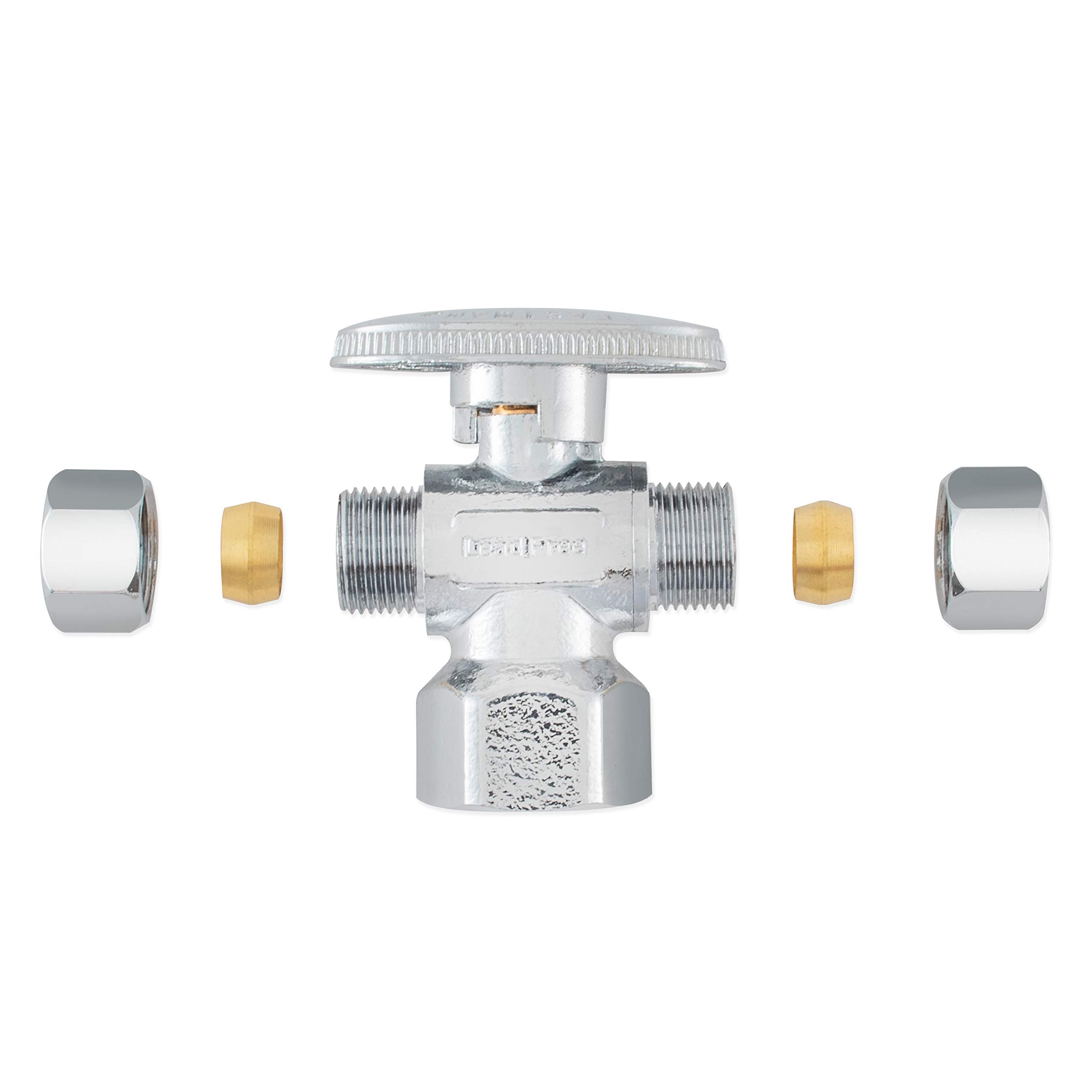 3/8"OD Comp x 3/8"OD Comp x 1/2"FIP, Quarter Turn, Dual Outlet 3-Way Stop Valve, Chrome Plated