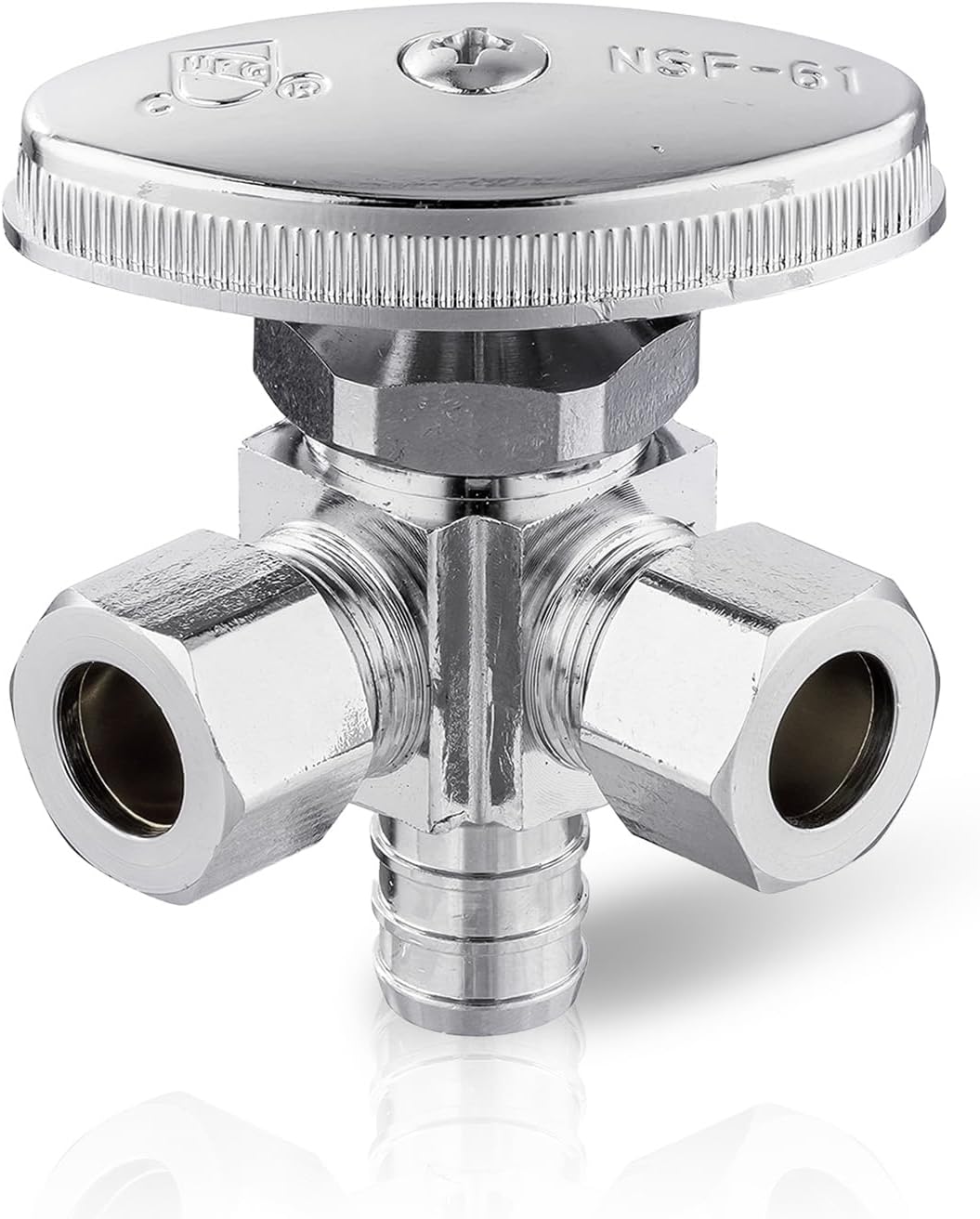 3/8"Comp x 3/8"Comp x 1/2" Crimp Pex B, Quarter Turn, Dual Outlet 3-Way Stop Valve, Chrome Plated