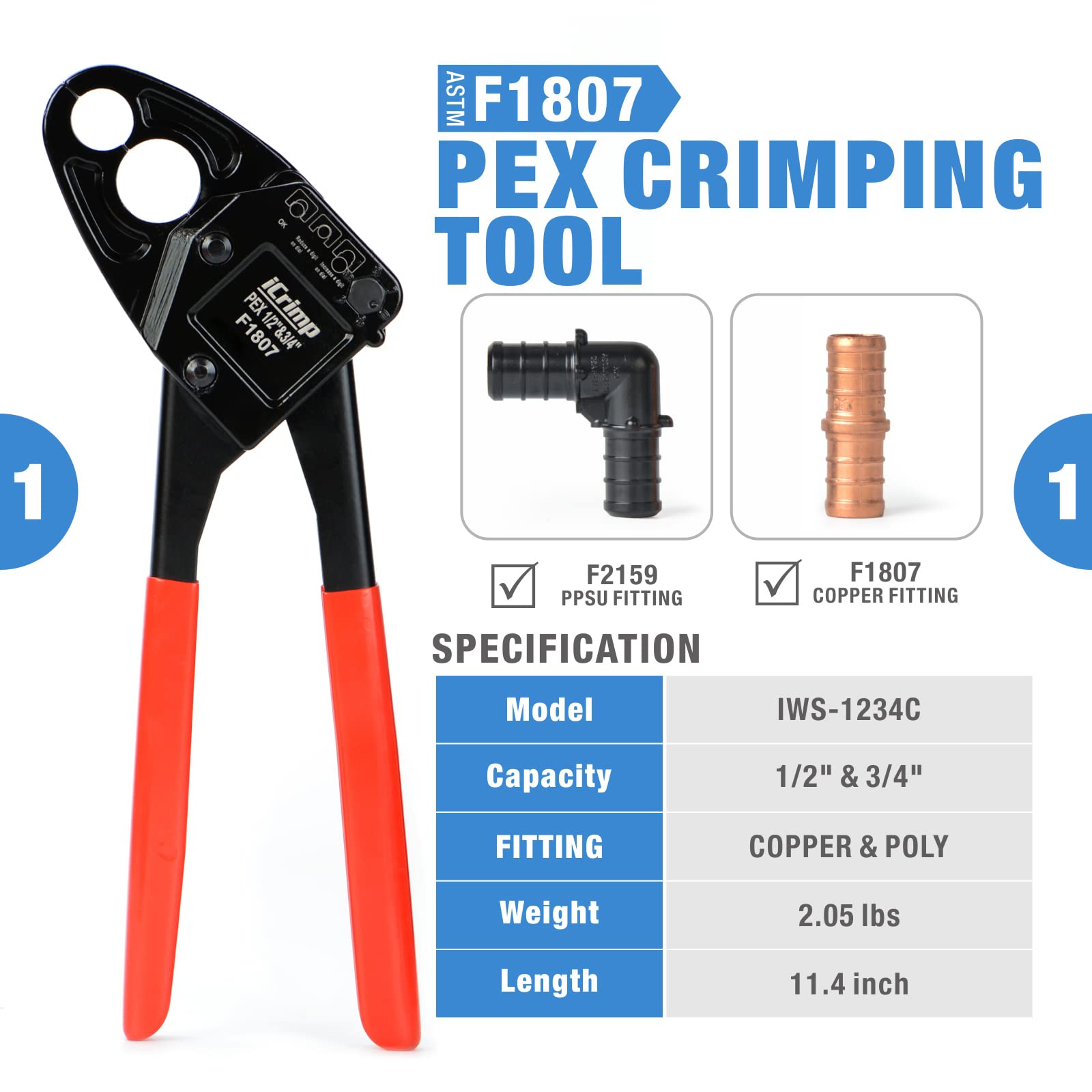 1/2" & 3/4" Combo Pex Angle Head Crimping Tool w/ Pex Cutters, Includes Hard Case, F1807