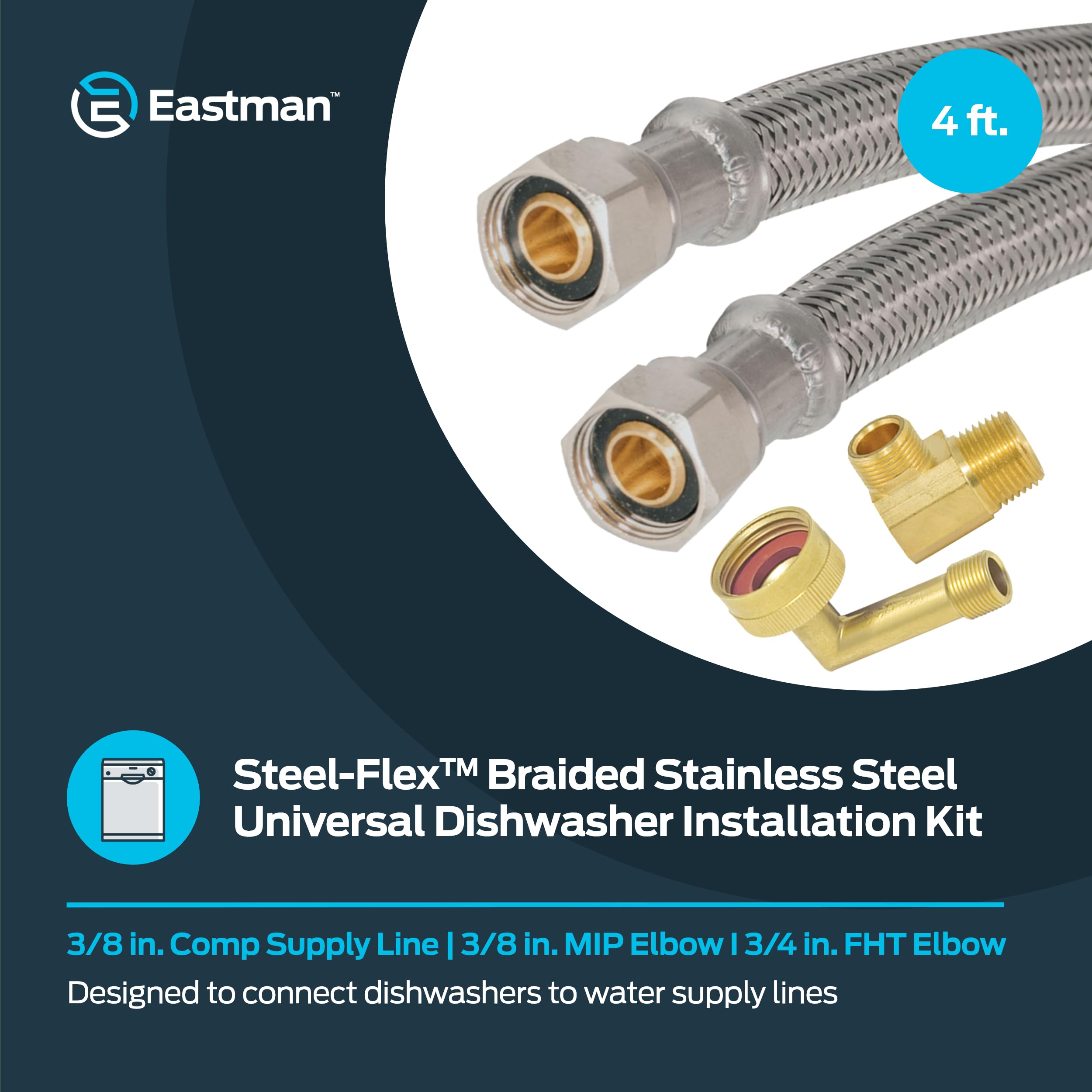 4', 5', 6', 8', 10', & 12' SS Dishwasher Installation Kit, 3/8" Comp Ends, 3/8" MIP Elbow and 3/4" FHT Elbow, Braided Stainless Steel Dishwasher Connectors Supply Line