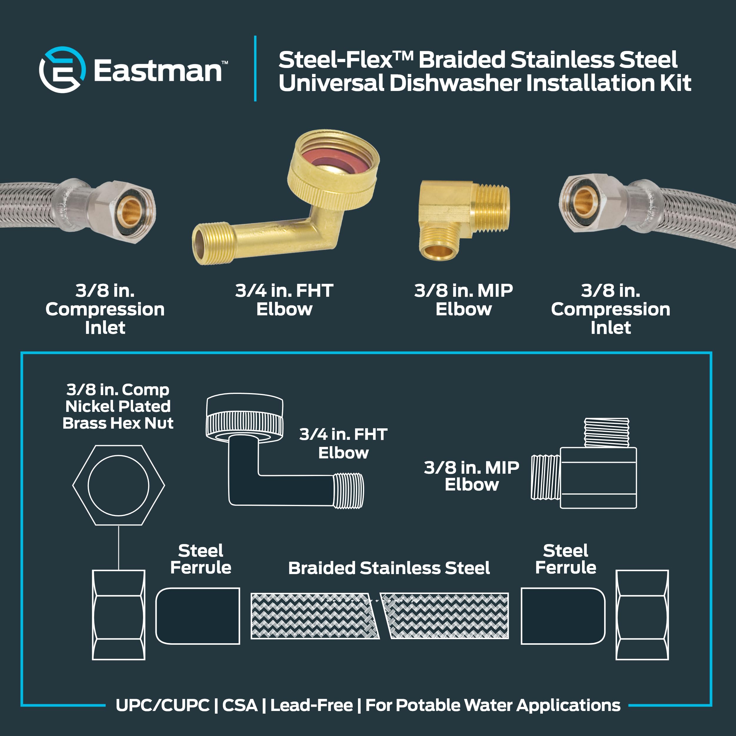 4', 5', 6', 8', 10', & 12' SS Dishwasher Installation Kit, 3/8" Comp Ends, 3/8" MIP Elbow and 3/4" FHT Elbow, Braided Stainless Steel Dishwasher Connectors Supply Line