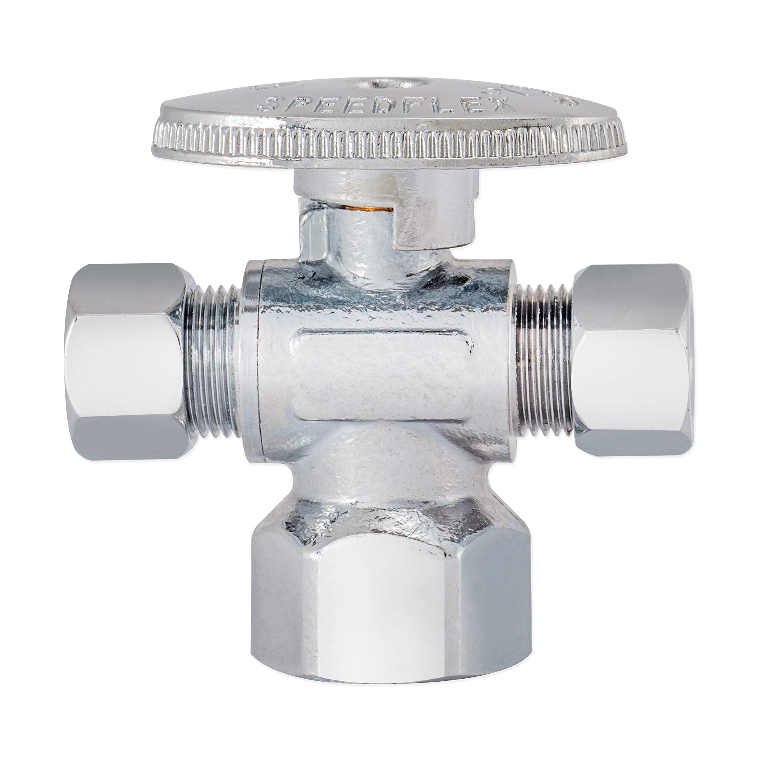 3/8"OD Comp x 3/8"OD Comp x 1/2"FIP, Quarter Turn, Dual Outlet 3-Way Stop Valve, Chrome Plated