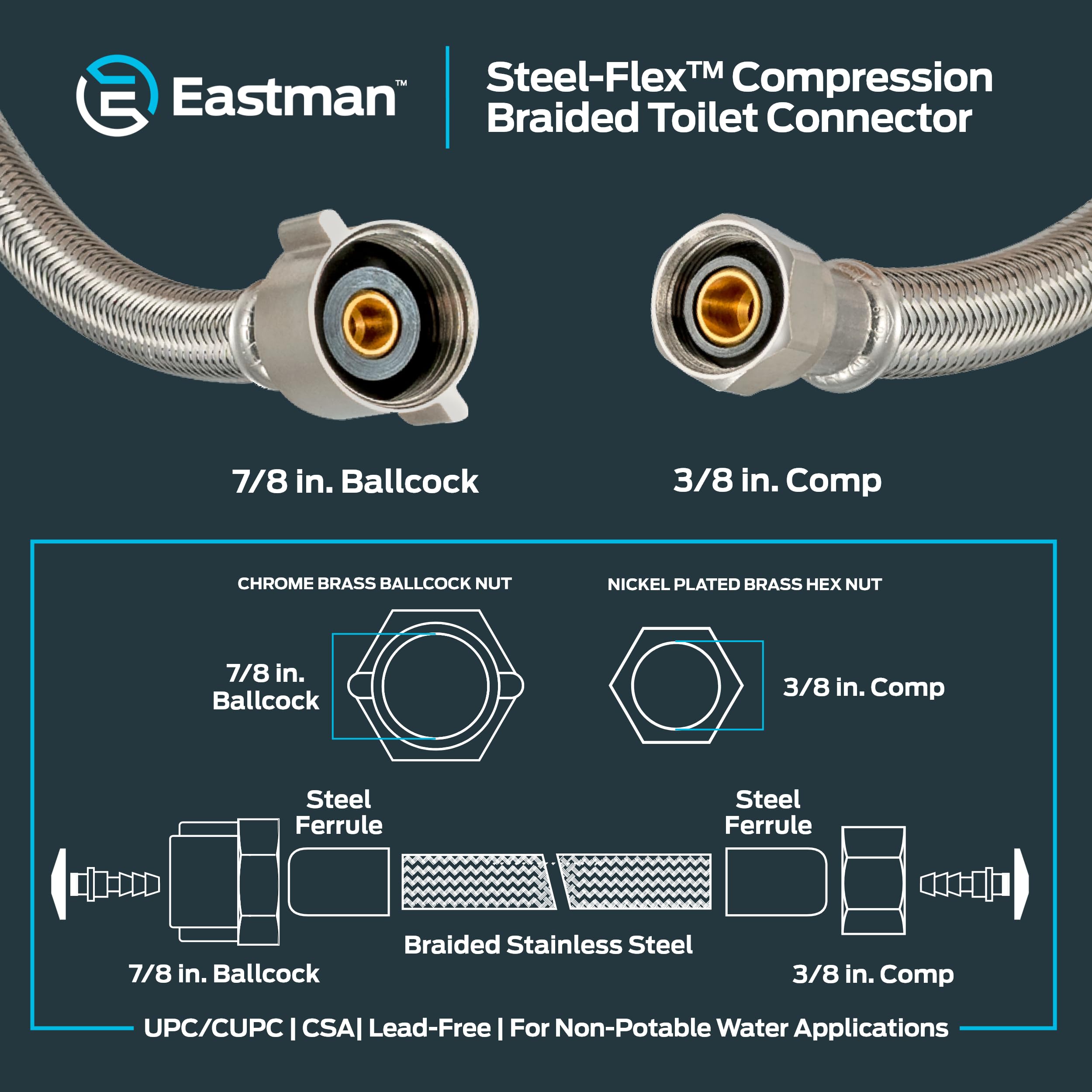 9", 12", 16" & 20" Flexible SS Toilet Connector, 7/8" FIP x 3/8" Comp, Stainless Steel Braided Hose