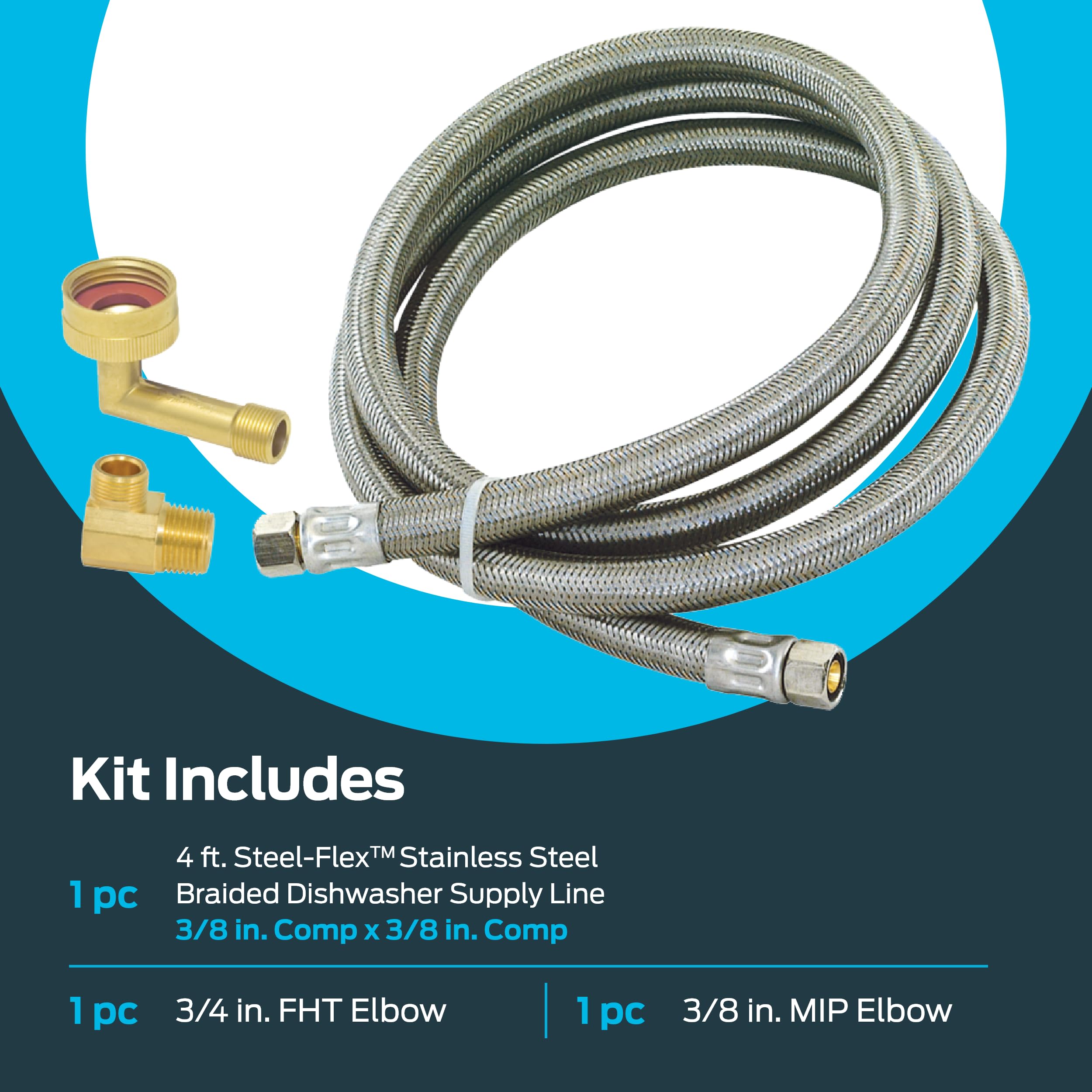 4', 5', 6', 8', 10', & 12' SS Dishwasher Installation Kit, 3/8" Comp Ends, 3/8" MIP Elbow and 3/4" FHT Elbow, Braided Stainless Steel Dishwasher Connectors Supply Line