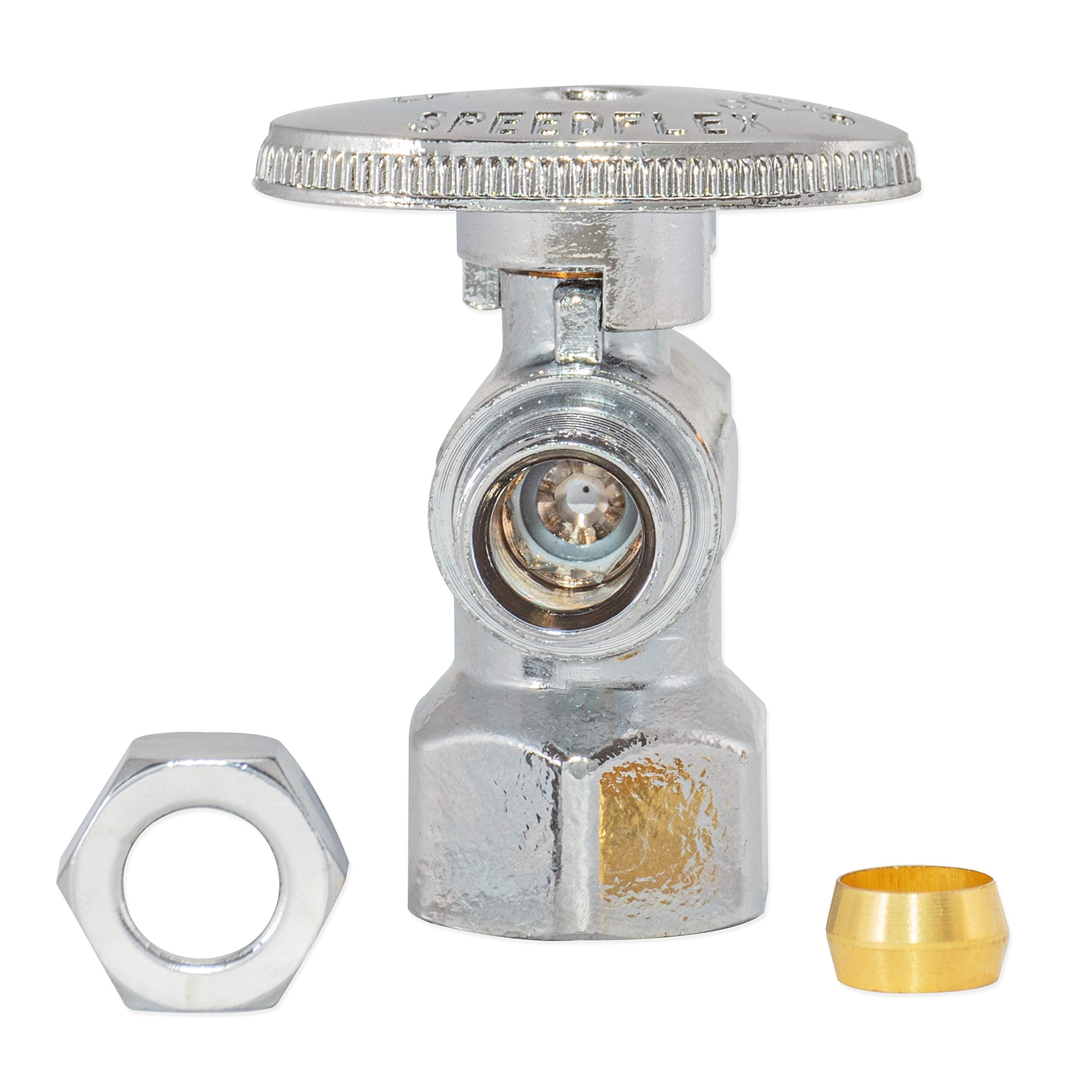 3/8"OD Comp x 3/8"OD Comp x 1/2"FIP, Quarter Turn, Dual Outlet 3-Way Stop Valve, Chrome Plated