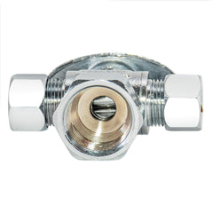 3/8"OD Comp x 1/4"OD Comp x 1/2"FIP, Quarter Turn, Dual Outlet Three Way Stop Valve, Chrome Plated