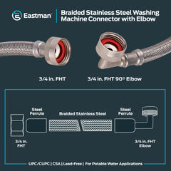 5' & 6' Washing Machine Hose with 90-Degree Elbow, Pack of 2, 3/4"FHT x 3/4"FHT, Braided Stainless Steel with Nickel-Plated Brass Nuts