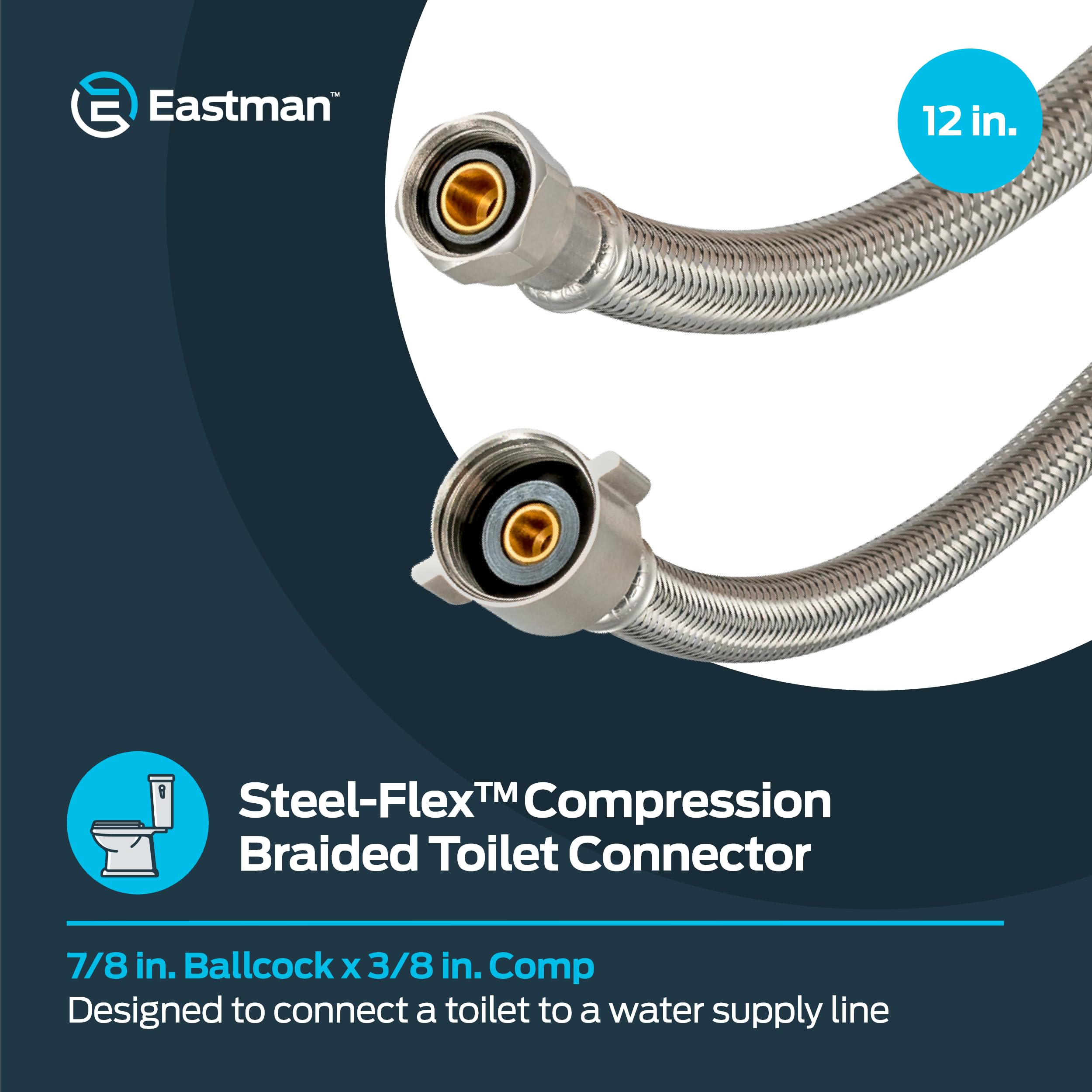 9", 12", 16" & 20" Flexible SS Toilet Connector, 7/8" FIP x 3/8" Comp, Stainless Steel Braided Hose