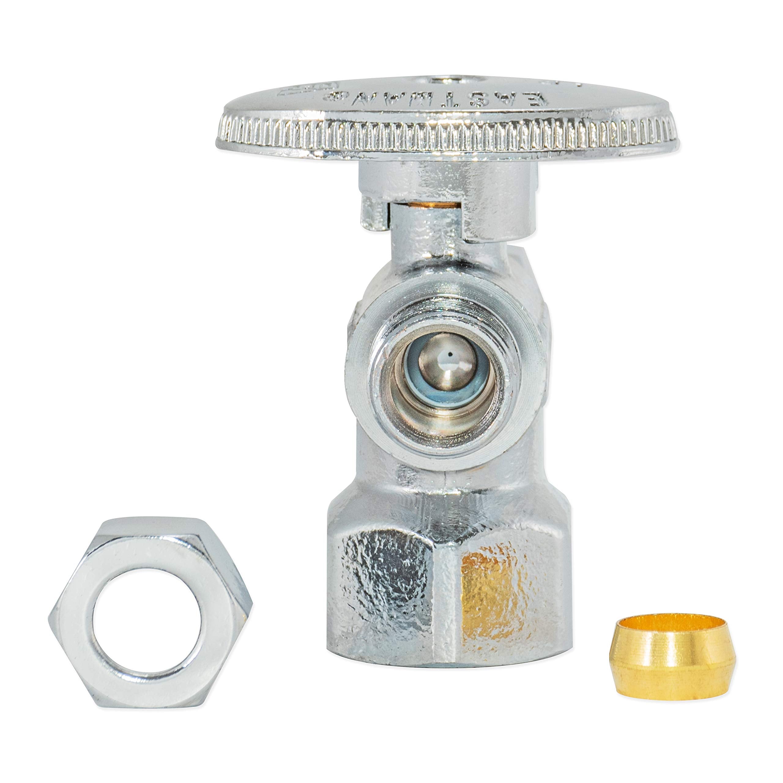 3/8"OD Comp x 3/8"OD Comp x 1/2"FIP, Quarter Turn, Dual Outlet 3-Way Stop Valve, Chrome Plated