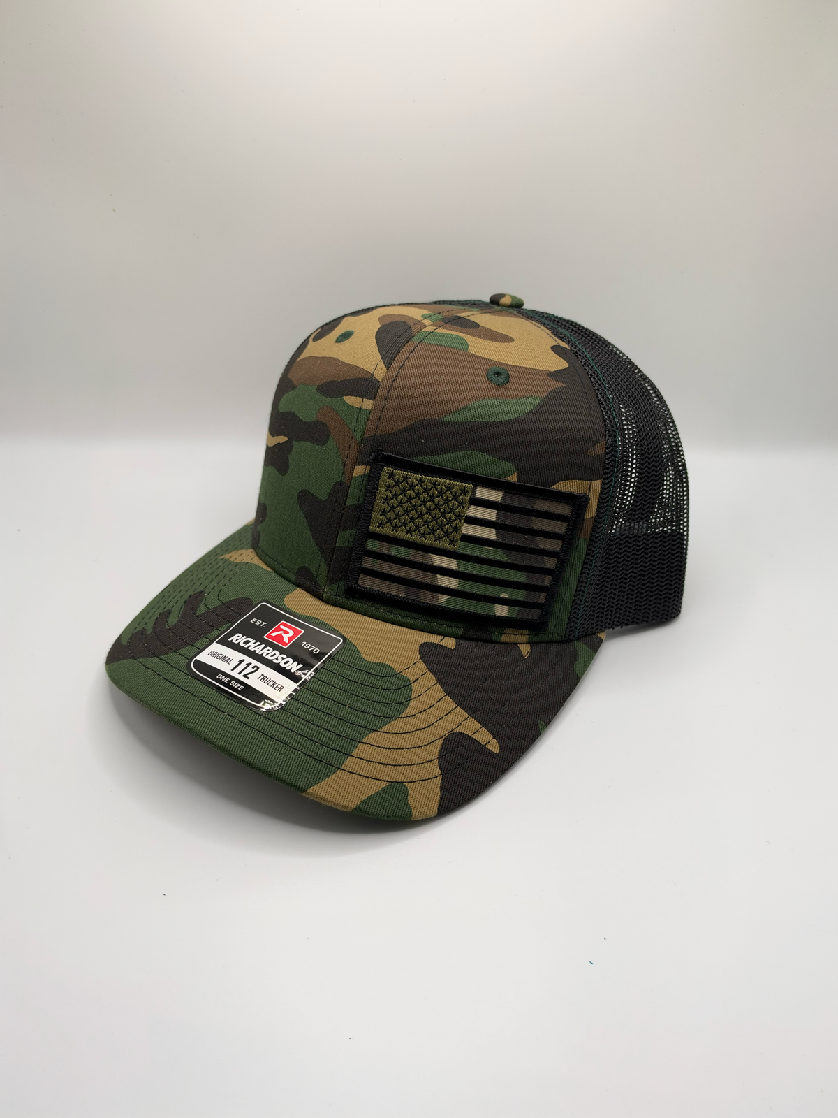 Army Camo American Flag Richardson 112P Snapback Trucker Cap