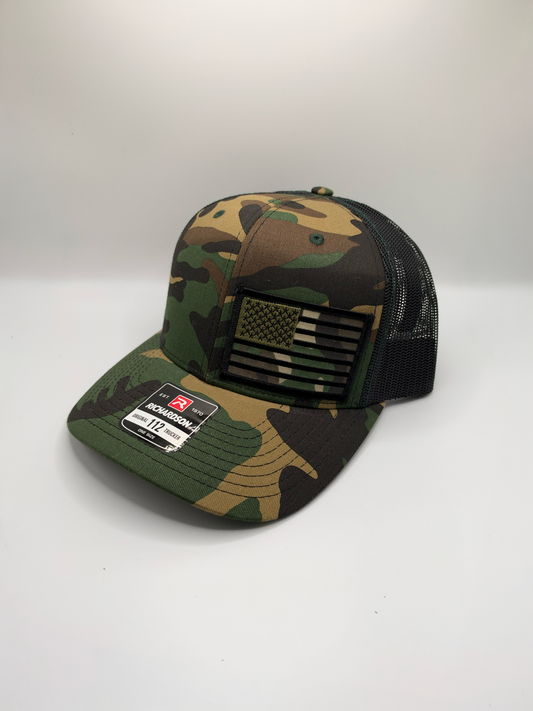Army Camo American Flag Richardson 112P Snapback Trucker Cap