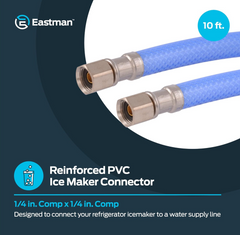 10' Flexible PEX Ice Maker Connector, 1/4" Compression, Reinforced PVC Supply Line with Nickel-Plated Brass Nuts, Blue