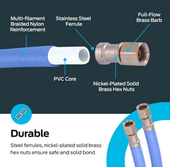 10' Flexible PEX Ice Maker Connector, 1/4" Compression, Reinforced PVC Supply Line with Nickel-Plated Brass Nuts, Blue