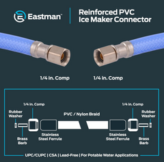 10' Flexible PEX Ice Maker Connector, 1/4" Compression, Reinforced PVC Supply Line with Nickel-Plated Brass Nuts, Blue