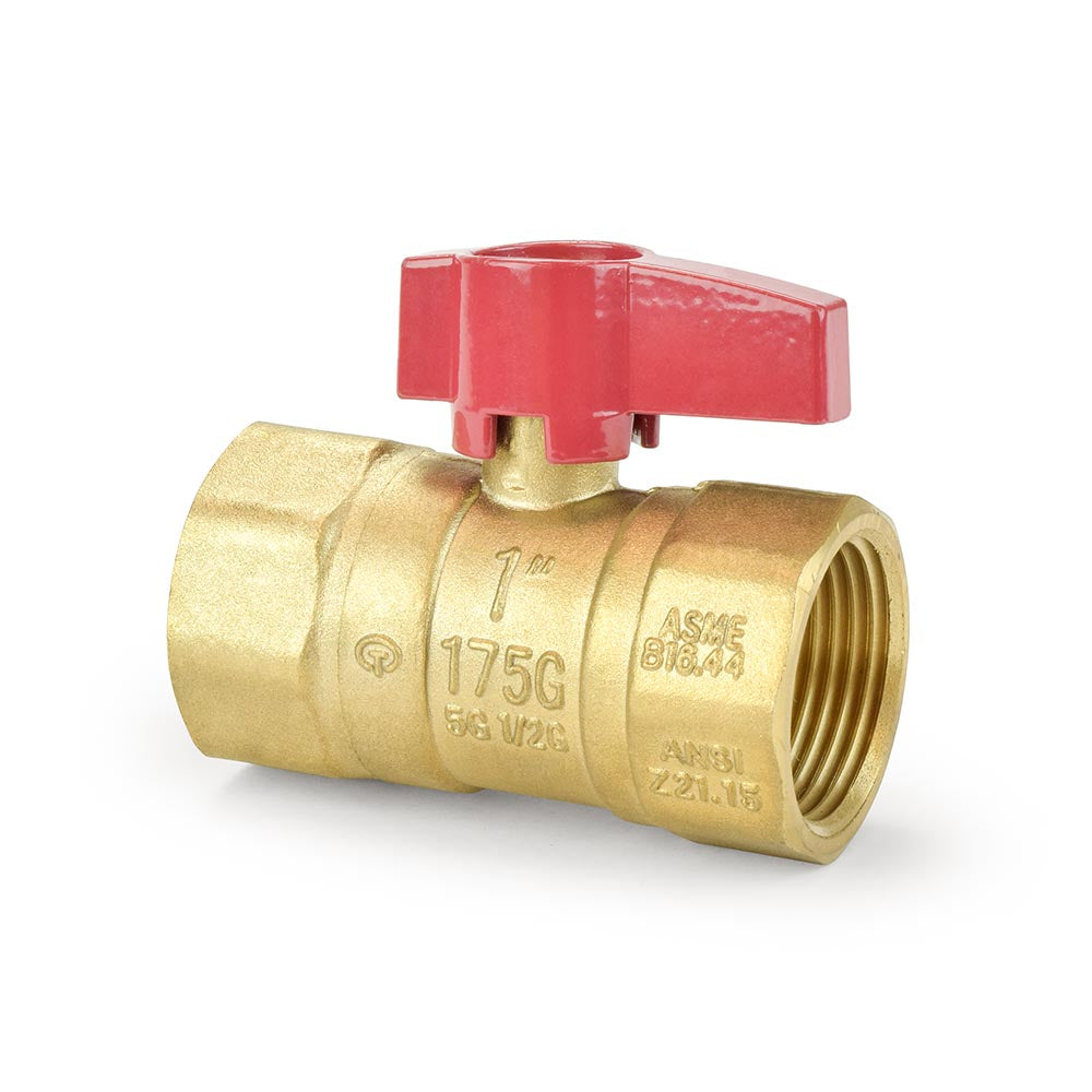 a brass ball valve with a red handle