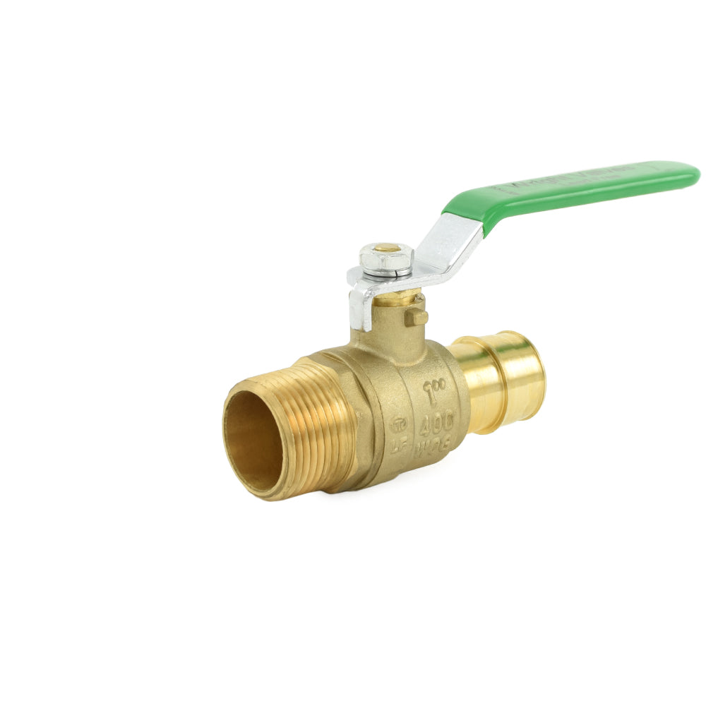 a brass ball valve with a green handle