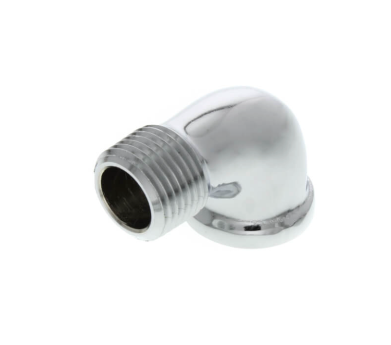 a stainless steel pipe fitting on a white background