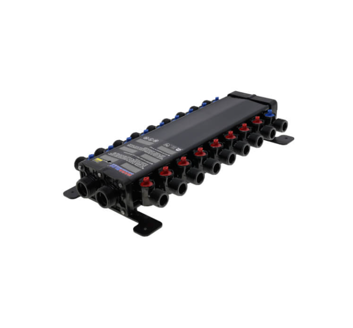 a close up of a black and red power strip