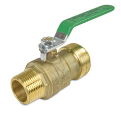 a brass ball valve with a green handle