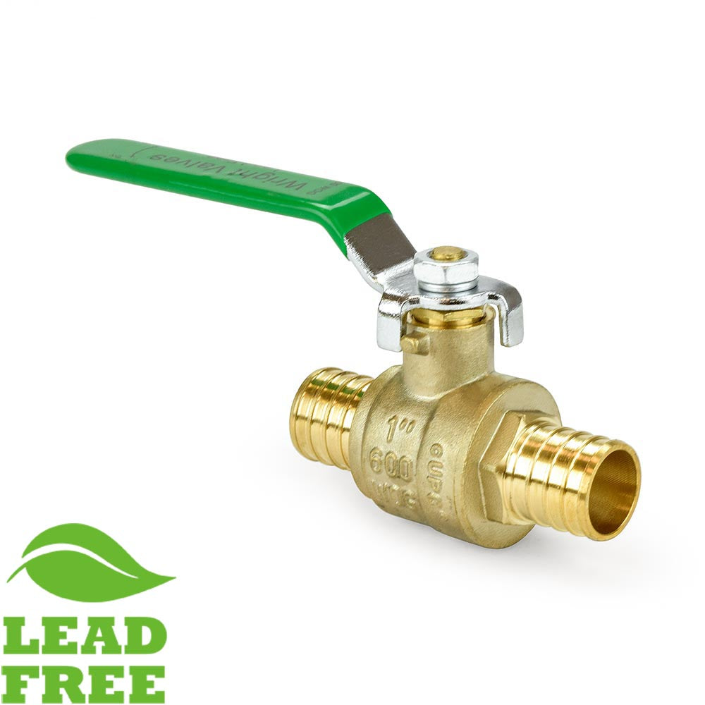 a brass ball valve with a green handle